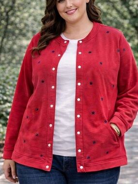 Classic Elements Red Snap Front Sweatshirt Jacket 20W 22W Blue Stars Plus Size